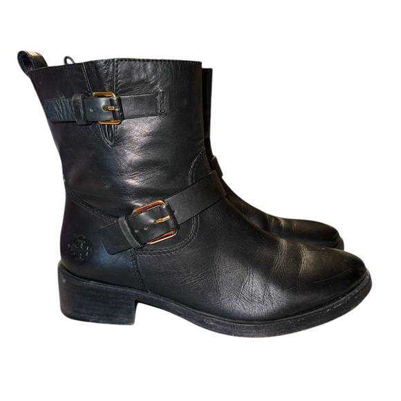Tory Burch Bennie Wmn’s 8 Moto Black Leather Buckled Ankle Biker Riding Boots - Picture 1 of 9